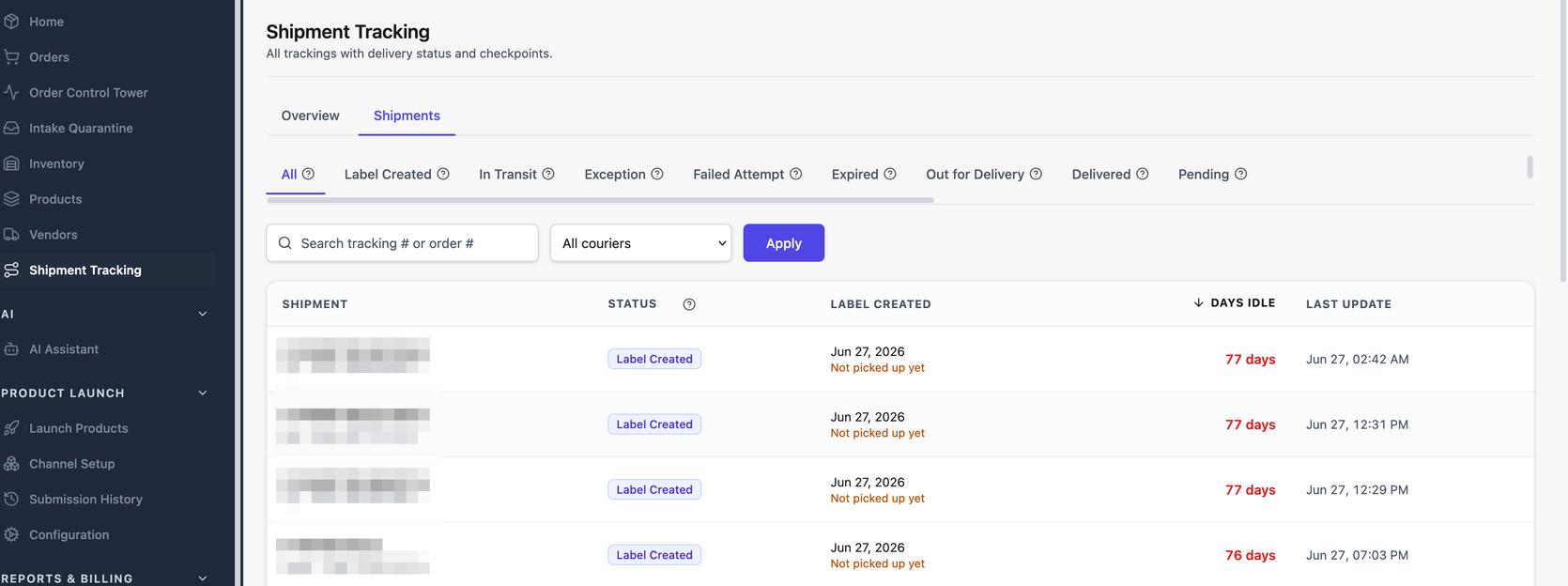 The mPorts OMS shipment tracking screen, listing shipments with a status of Label Created, a days-idle count and the note “Not picked up yet”.